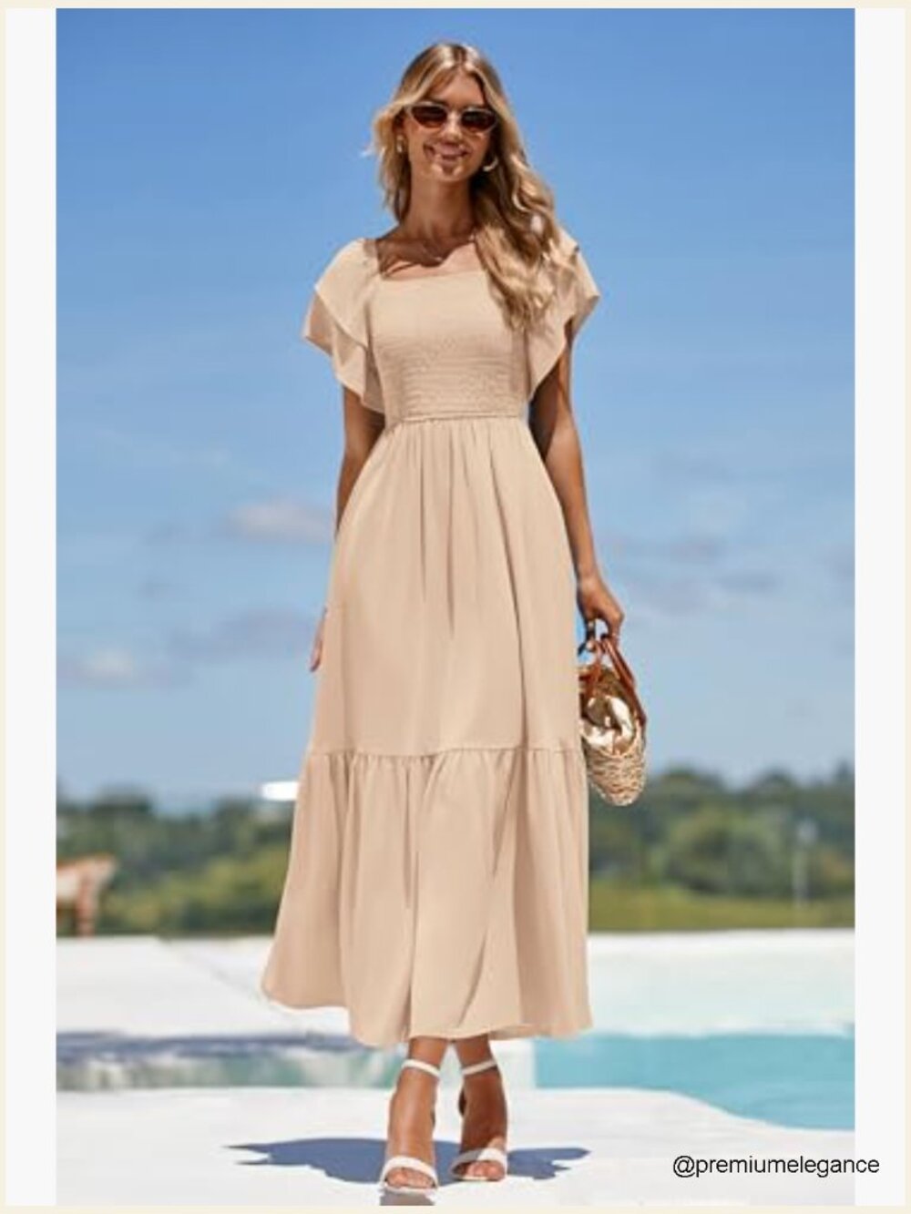Summer Midi Dress Square Neck Ruffle Sleeve Smocked Waist A-Line Wedding Guest - Picture 4 of 7